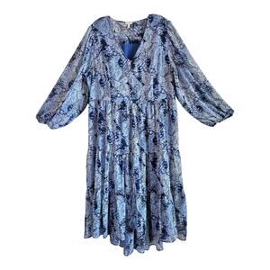 JOIE Women's XL Parisian Paisley Dress Midi Blue Watercolor Chiffon Lined